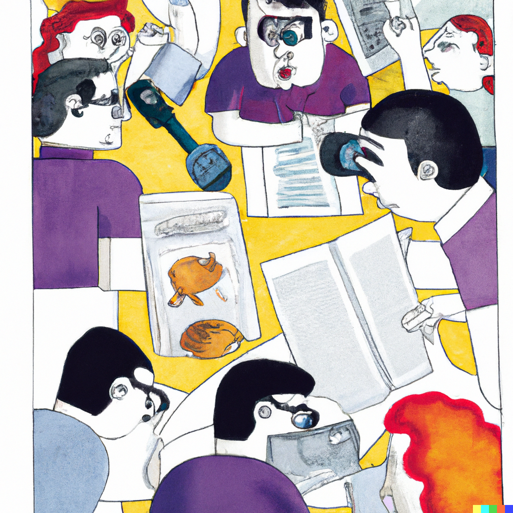 “journalists doing ethnographic research, community magazine, 2035”